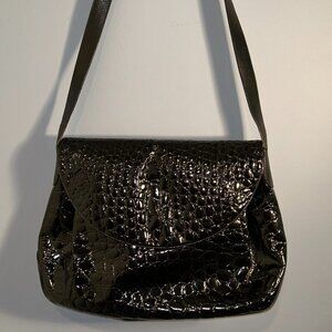 Salvatore Ferragamo Vintage Black Croc Embossed Patent Leather Shoulder Bag